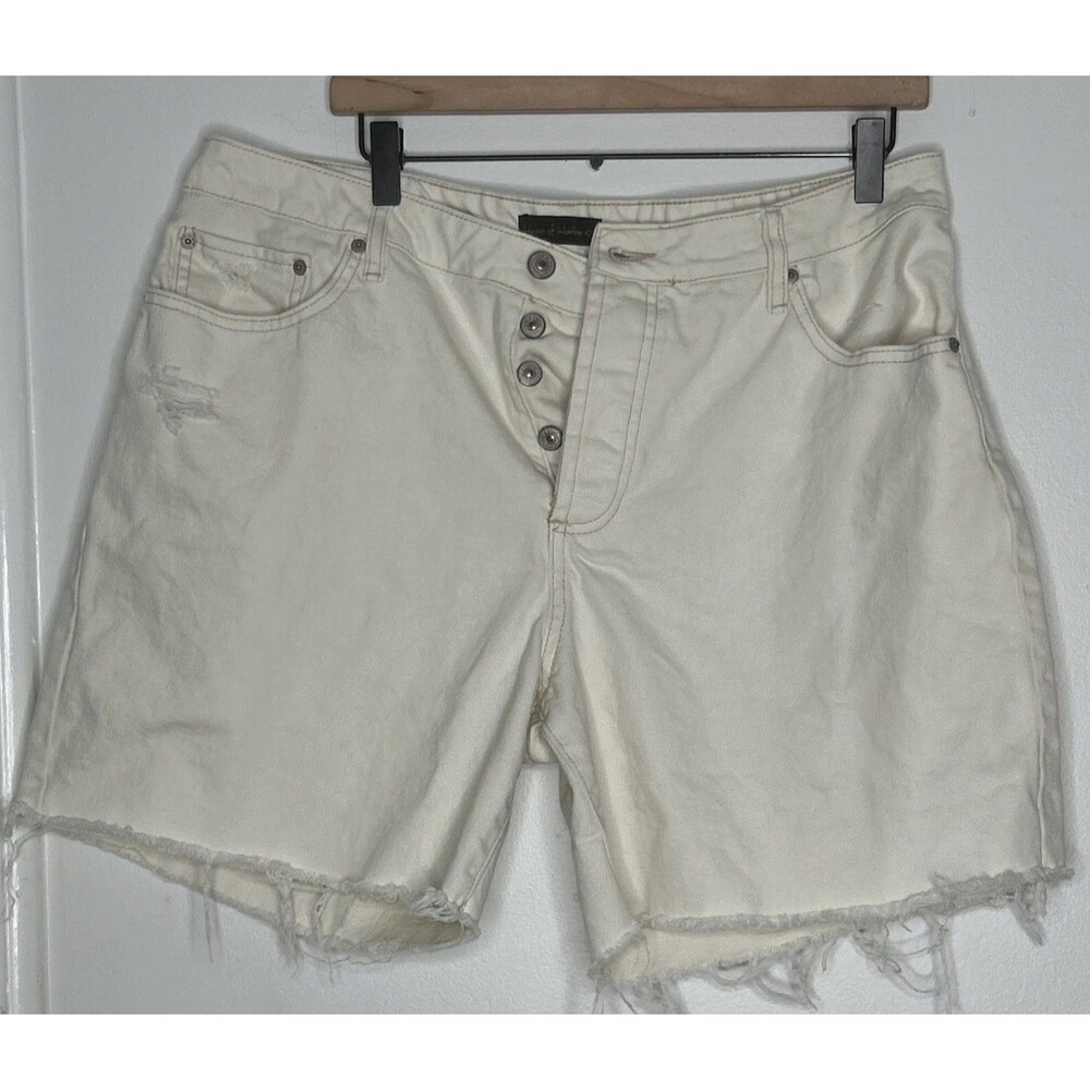 House of Harlow High Rise Shorts Beige Denim Button Fly Size 32 Raw Edge Cut Off